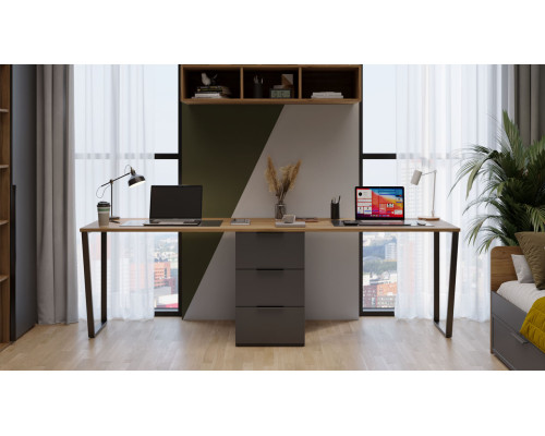 Комплект столов письменных с 1 тумбой универсальной «Порто», Яблоня Беллуно, Графит софт