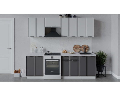Кухонный гарнитур «Белладжио» длиной 240 см, белый, фон белый, софт графит