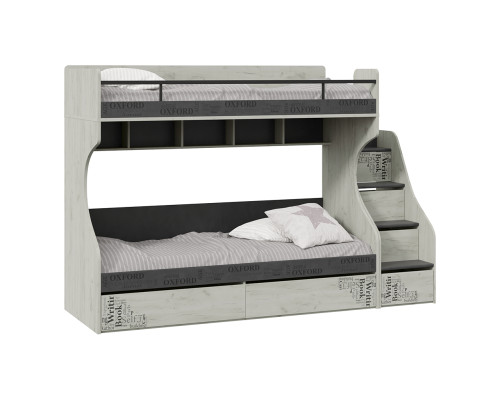 Кровать 2-х ярусная с лестницей приставной с ящиками «Оксфорд-2», Матера, Дуб крафт белый с рисунком