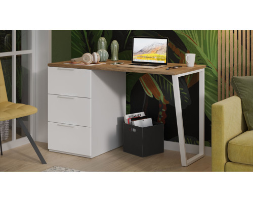 Стол письменный с тумбой универсальной «Порто», Белый Жемчуг, Яблоня Беллуно, Белый софт