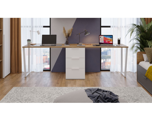 Комплект столов письменных с 1 тумбой универсальной «Порто», Белый Жемчуг, Яблоня Беллуно, Белый софт