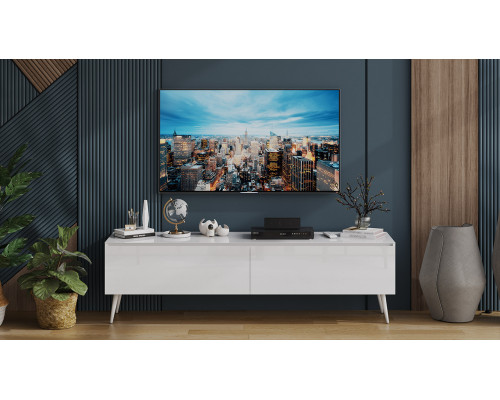 Тумба для теле- и радиоаппаратуры «Глосс» с опорами, белый глянец, стекло белый глянец, белый