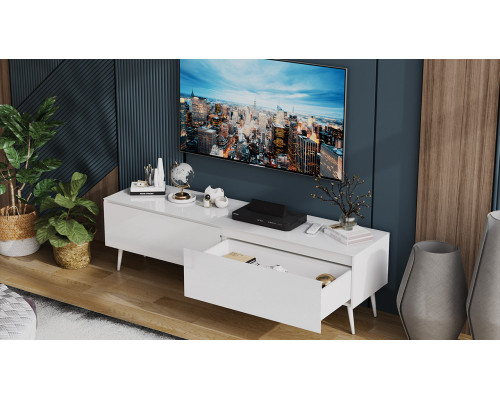 Тумба для теле- и радиоаппаратуры «Глосс» с опорами, белый глянец, стекло белый глянец, белый