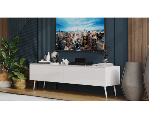 Тумба для теле- и радиоаппаратуры «Глосс» с опорами, белый глянец, стекло белый глянец, белый