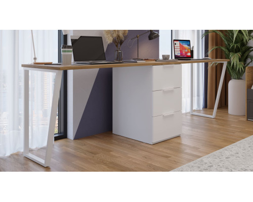 Комплект столов письменных с 1 тумбой универсальной «Порто», Белый Жемчуг, Яблоня Беллуно, Белый софт