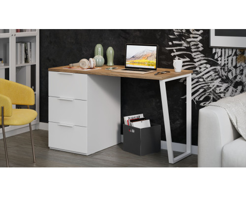 Стол письменный с тумбой универсальной «Порто», Белый Жемчуг, Яблоня Беллуно, Белый софт