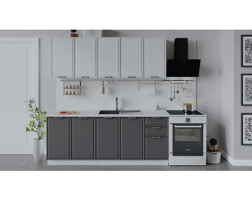 Кухонный гарнитур «Белладжио» длиной 200 см,белый, фон белый, софт графит