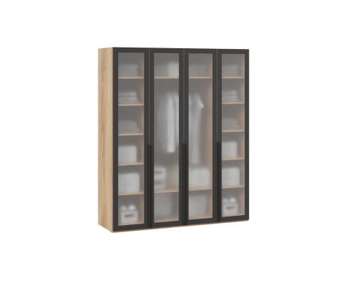 Шкаф для одежды (580) Порто с 4 стеклянными дверями, яблоня беллуно/графит/стекло сатин черное