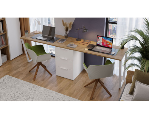 Комплект столов письменных с 1 тумбой универсальной «Порто», Белый Жемчуг, Яблоня Беллуно, Белый софт