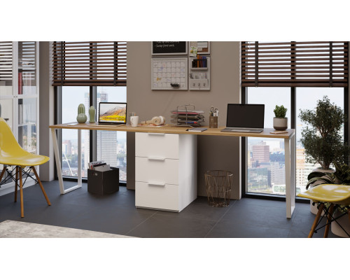 Комплект столов письменных с 1 тумбой универсальной «Порто», Белый Жемчуг, Яблоня Беллуно, Белый софт