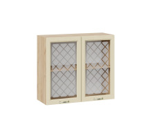 Шкаф навесной 800 c двумя дверями со стеклом «Бьянка», Дуб Крафт золотой, Дуб ваниль
