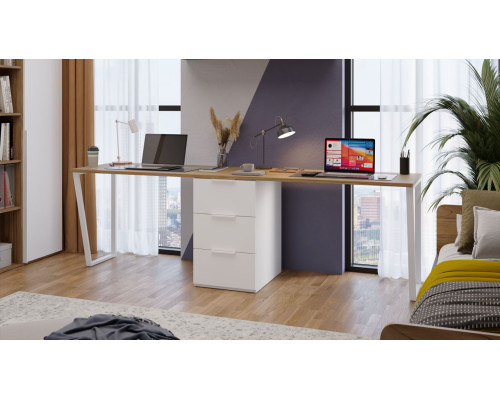 Комплект столов письменных с 1 тумбой универсальной «Порто», Белый Жемчуг, Яблоня Беллуно, Белый софт