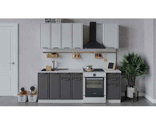 Кухонный гарнитур «Белладжио» длиной 160 см,белый, фон белый, софт графит