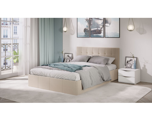 Кровать с ПМ «Эмма», 140 (с подъемным механизмом) с заглушиной, Велюр Confetti Cream