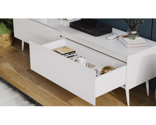 Тумба для теле- и радиоаппаратуры «Глосс» с опорами, белый глянец, стекло белый глянец, белый