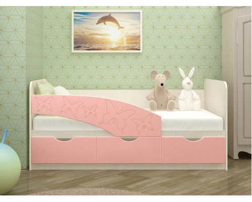 Детская кровать Бабочки 80х160, розовый металл, скалд