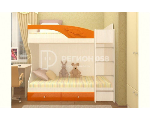 Двухъярусная кровать Бемби МДФ (фасад 3D) (Оранжевый металлик, Дуб Белфорд)