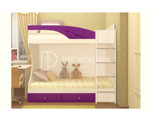 Двухъярусная кровать Бемби МДФ (фасад 3D) (Сиреневый металлик, Дуб Белфорд)