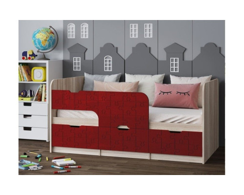 Детская кровать Юниор-9, 80х160 (Красный металлик, Ясень шимо светлый)